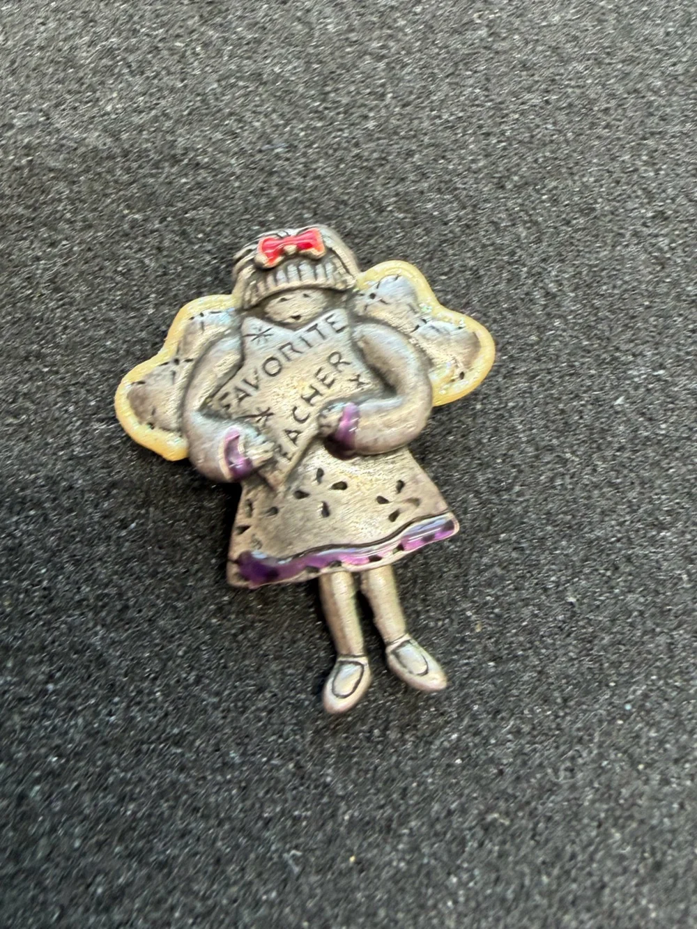 Vintage Tonya Creations Favorite Teacher Dangle Legs Angel Pewter Brooch Pin